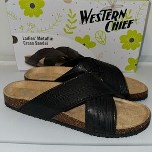 WESTERN CHIEF Black Metallic Criss Cross Sandals w Cork & Footbed Women’s 10